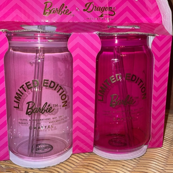 Barbie Drinking Glasses Pink Barbie Glass Cups lids straws Barbie X Dragon 🆕 🎀 - Picture 1 of 13
